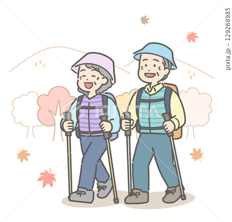 ハイキングをするシニア夫婦のイラスト 129268985