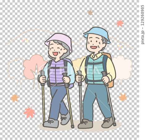 ハイキングをするシニア夫婦のイラスト 129268985