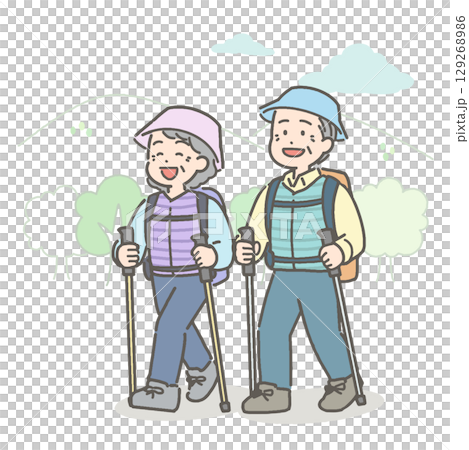 一對老年夫婦徒步旅行的插圖 一對老年夫婦徒步旅行的插圖 129268986