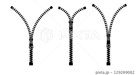 Zip puller vector design for apparel fashion or dress repair. Metal and plastic fastener template with teeth for jacket pant or backpack. Isolated icon sketch on white background. 129269082