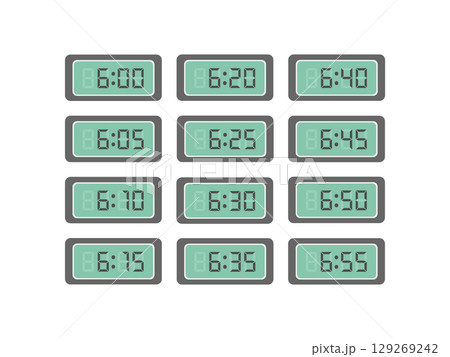 デジタル数字 6時〜6時55分 時計 イラストセットのイラスト素材