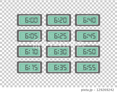 Digital numbers 6:00 to 6:55 clock illustration set 129269242
