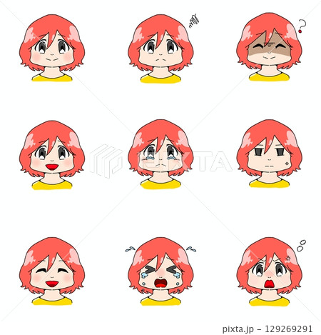 表情いろいろセット（正面）| 喜怒哀楽が豊かな赤髪の女の子イラスト 129269291