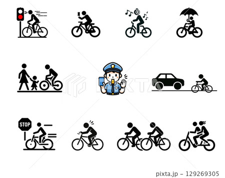 自転車の危険行為と交通違反、青切符の対象となるルールアイコン集 129269305