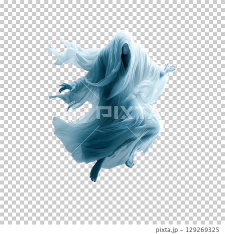 A mystical image of a ghost or figure wrapped in flying translucent white fabric, on a perfectly white background. The figure hovers in the air, and the fabric creates dynamic, wavy shapes. The image A mystical image of a ghost or figure wrapped in flying translucent white fabric, on a perfectly white background. The figure hovers in the air, and the fabric creates dynamic, wavy shapes. The image 129269325