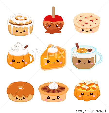 Cute seasonal Autumn dessert and beverage with cinnamon and pumpkin Cute seasonal Autumn dessert and beverage with cinnamon and pumpkin 129269721
