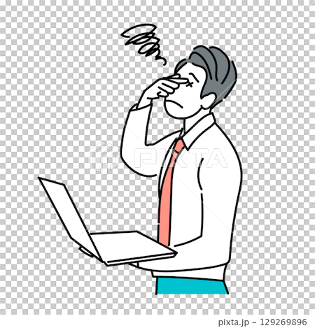 イラスト素材: 目の疲れを感じながらパソコン作業をするビジネスマンのベクターイラスト 129269896