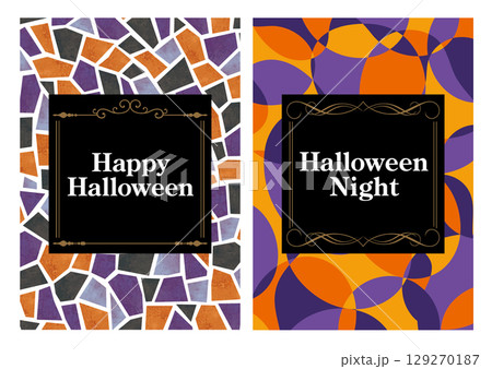 ハロウィンカラーの水彩モザイクと幾何学模様のカード 129270187