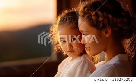 Gentle maternal embrace near sunlit window, mother and daughter sharing quiet intimacy with soft golden light highlighting warm familial connection Gentle maternal embrace near sunlit window, mother and daughter sharing quiet intimacy with soft golden light highlighting warm familial connection 129270206