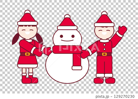 穿著聖誕老人服裝的孩子堆雪人 129270230