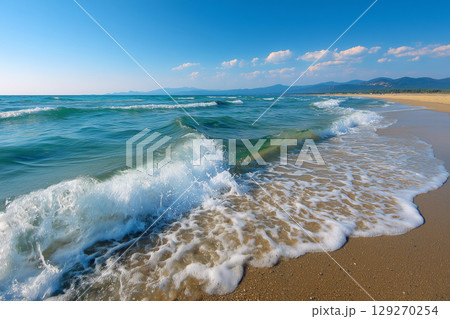 美しい海と波打ち際を黄金比率でリアルに描いたAI生成画像 美しい海と波打ち際を黄金比率でリアルに描いたAI生成画像 129270254