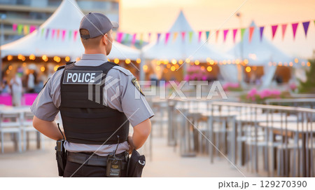 Police officer monitors a festive outdoor event with tents and colorful decorations, ensuring safety and security during the lively celebration. 129270390