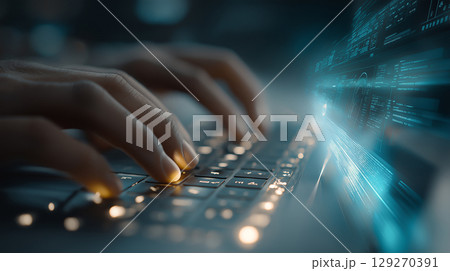 Close-up of hands typing on a backlit keyboard with futuristic digital interface graphics, symbolizing coding, cybersecurity, or advanced computing. 129270391