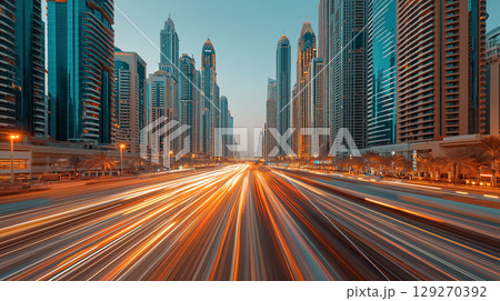 Long exposure photo of a bustling cityscape with light trails from traffic flowing between futuristic skyscrapers at dusk, creating a dynamic urban scene. 129270392