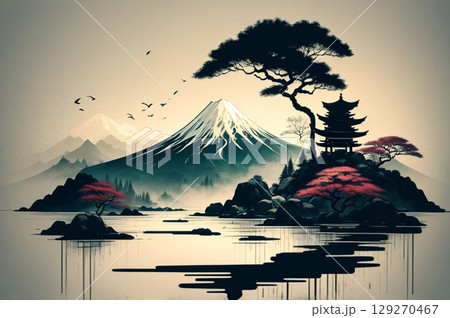 水墨画風の風景 129270467