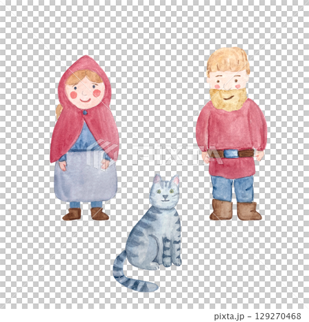 Medieval miller and his wife and gray tabby cat. Watercolor illustration set isolated on white. Hand painted clip art perfect for fairy tales, farm stories, historical books, and packaging design 129270468