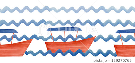 Simple red-brown fishing boat with a blue canopy on wavy background. Hand-painted watercolor. Great for travel design, kids books, summer branding, packaging, textile prints, marine-themed decorations 129270763