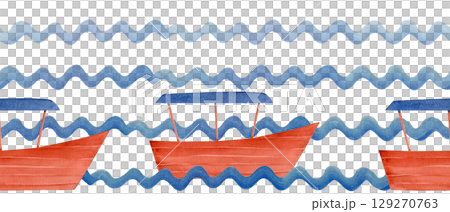Simple red-brown fishing boat with a blue canopy on wavy background. Hand-painted watercolor. Great for travel design, kids books, summer branding, packaging, textile prints, marine-themed decorations 129270763