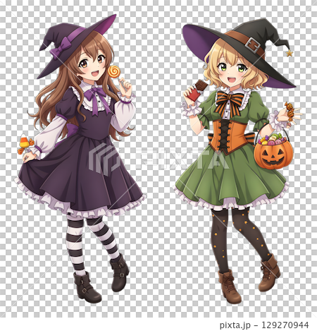 cute halloween witch girl holding pumpkin basket, anime style, transparent background, PNG sticker, halloween costume, trick or treat. 129270944