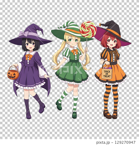 cute halloween witch girl holding pumpkin basket, anime style, transparent background, PNG sticker, halloween costume, trick or treat. 129270947