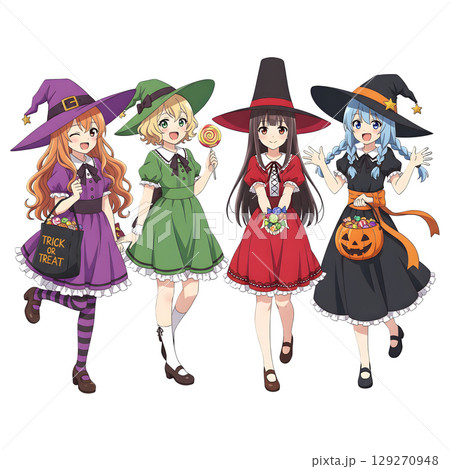 cute halloween witch girl holding pumpkin basket, anime style, transparent background, PNG sticker, halloween costume, trick or treat. cute halloween witch girl holding pumpkin basket, anime style, transparent background, PNG sticker, halloween costume, trick or treat. 129270948