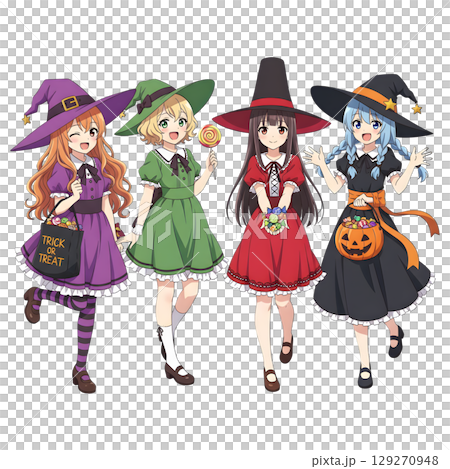 cute halloween witch girl holding pumpkin basket, anime style, transparent background, PNG sticker, halloween costume, trick or treat. cute halloween witch girl holding pumpkin basket, anime style, transparent background, PNG sticker, halloween costume, trick or treat. 129270948