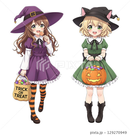 cute halloween witch girl holding pumpkin basket, anime style, transparent background, PNG sticker, halloween costume, trick or treat. cute halloween witch girl holding pumpkin basket, anime style, transparent background, PNG sticker, halloween costume, trick or treat. 129270949
