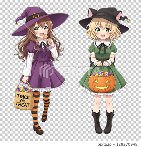 cute halloween witch girl holding pumpkin basket, anime style, transparent background, PNG sticker, halloween costume, trick or treat. cute halloween witch girl holding pumpkin basket, anime style, transparent background, PNG sticker, halloween costume, trick or treat. 129270949
