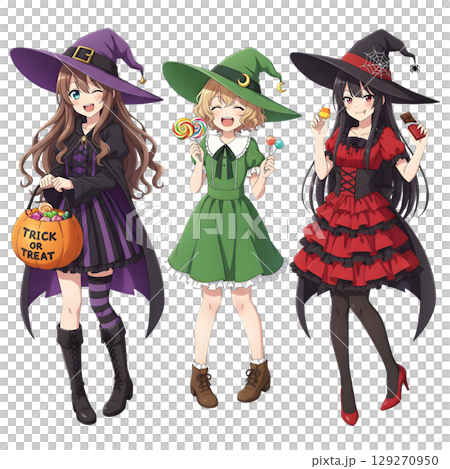 cute halloween witch girl holding pumpkin basket, anime style, transparent background, PNG sticker, halloween costume, trick or treat. cute halloween witch girl holding pumpkin basket, anime style, transparent background, PNG sticker, halloween costume, trick or treat. 129270950