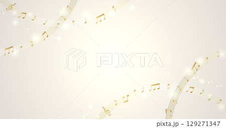 白い背景に流れる金色の音符　エレガントな音楽イメージの背景素材 129271347