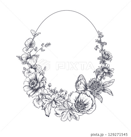 Vector frame of meadow wildflowers, herbs, plants. Different flowers in beautiful design for wedding invitation, greeting card. Vintage style. Vector frame of meadow wildflowers, herbs, plants. Different flowers in beautiful design for wedding invitation, greeting card. Vintage style. 129271545