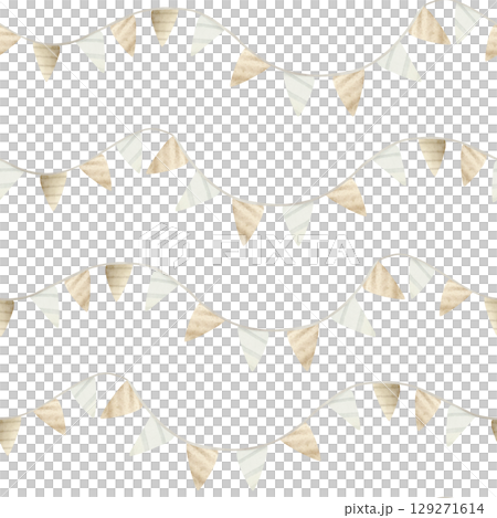 Vintage flags garland watercolor seamless pattern on white. Simple retro repeat background in pastel beige colors for kids birthday and children apparel 129271614