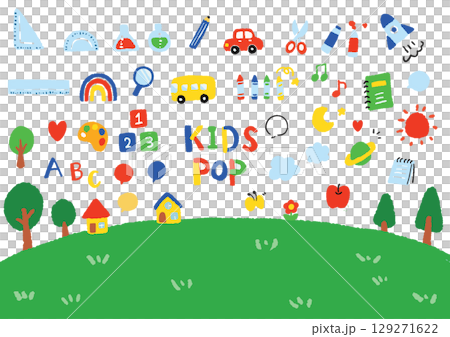 手描きの可愛いキッズポップなあしらいセット 129271622