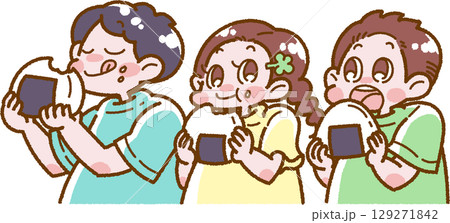 おにぎりを食べる3人の子どもたちのイラスト おにぎりを食べる3人の子どもたちのイラスト 129271842