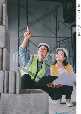 Construction manager and engineer dressed in orange work vests and hard helmets explore construction documentation on the building site near the steel frames Construction manager and engineer dressed in orange work vests and hard helmets explore construction documentation on the building site near the steel frames 129271946