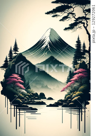 水墨画風の風景 129272061