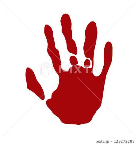 Hand print, fingerprint with red paint, blood. Halloween scary splatter, stain with drops. Human hand creepy trace. Red splatter, stream 129272295