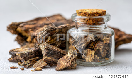 Dried herbal root pieces stored in small glass jar with cork lid, natural medicine concept with rustic texture and warm tones Dried herbal root pieces stored in small glass jar with cork lid, natural medicine concept with rustic texture and warm tones 129272419