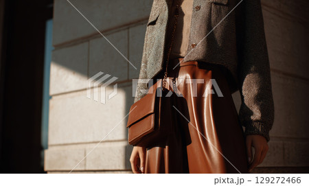 Brown leather bag brown leather skirt wool jacket casual outfit sunlight urban style fashion details autumn clothing warm tones stylish look 129272466
