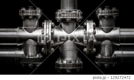 Industrial metal pipe connection with flange bolts and nuts, shiny steel surface reflecting light, mechanical engineering concept 129272472