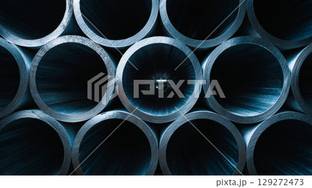 Metal pipe interior texture with dark blue lighting creating industrial and mysterious atmosphere 129272473