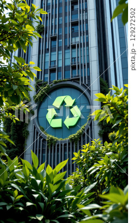 Recycling symbol on modern office building surrounded by green plants and leaves, representing eco friendly urban architecture and sustainability 129272502