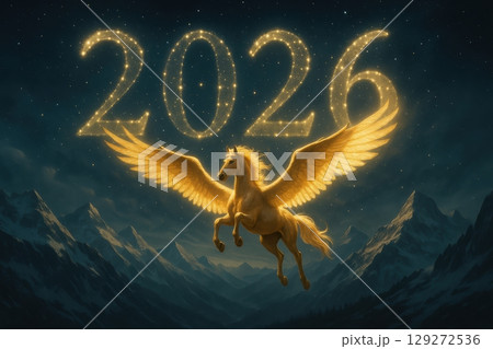 Golden Pegasus Flying over Snowy Peaks with 2026 in Sky 129272536
