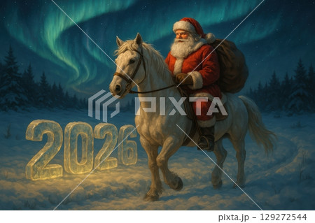 Santa Riding White Horse Under Northern Lights, 2026 in Ice 129272544
