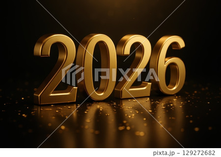 3D Golden 2026 on Glossy Black with Confetti 129272682