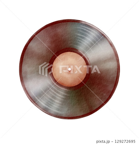 Vinyl record with old label, featuring a vintage and nostalgic design with grooves as a symbol of disco 70s - 80s. Hand drawn watercolor illustration isolated on white background Vinyl record with old label, featuring a vintage and nostalgic design with grooves as a symbol of disco 70s - 80s. Hand drawn watercolor illustration isolated on white background 129272695