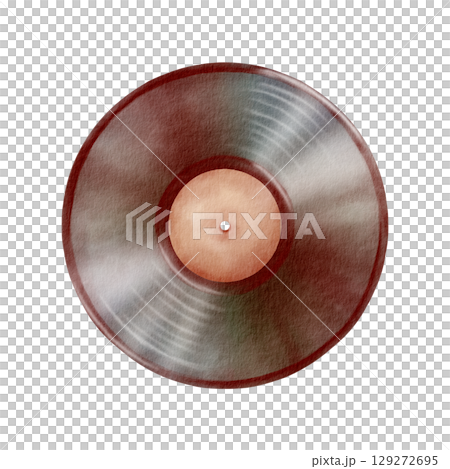 Vinyl record with old label, featuring a vintage and nostalgic design with grooves as a symbol of disco 70s - 80s. Hand drawn watercolor illustration isolated on white background Vinyl record with old label, featuring a vintage and nostalgic design with grooves as a symbol of disco 70s - 80s. Hand drawn watercolor illustration isolated on white background 129272695