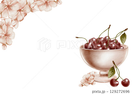 Ceramic bowl peach with ripe juicy cherries and flowers in minimalist watercolor template on transparent background.Handmade delicate art with warm pastel tones,subtle texture for cards 129272696
