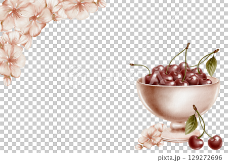 Ceramic bowl peach with ripe juicy cherries and flowers in minimalist watercolor template on transparent background.Handmade delicate art with warm pastel tones,subtle texture for cards 129272696