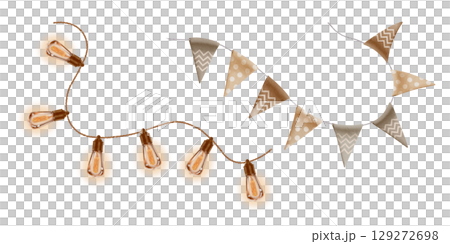 Retro bulbs elongated shape in outdoor holiday or curved garland in warm colors in Edison lamp design and wavy garland of triangular flags in earthy tones. Hand-drawn watercolor illustration 129272698